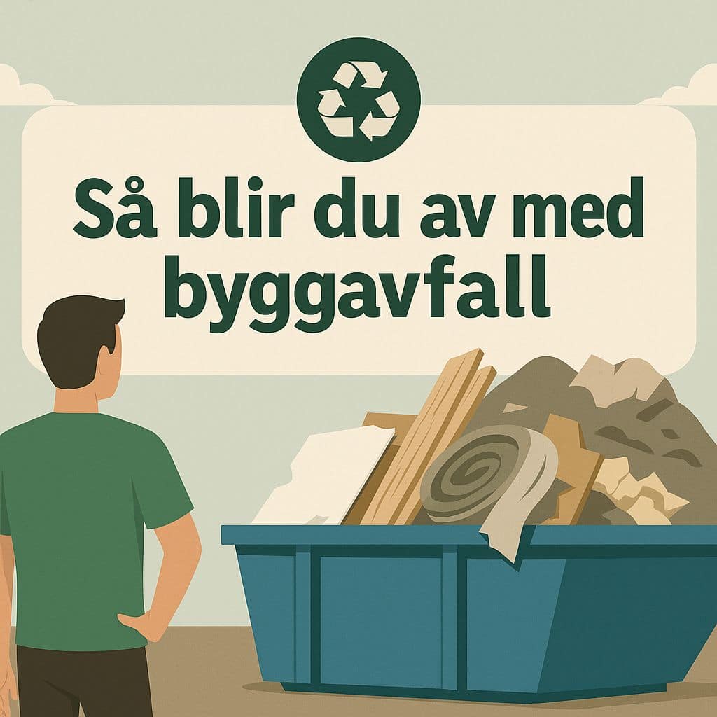 Bilden visar bortforsling av byggavfall med container, återvinning och sortering av avfall i Sverige.