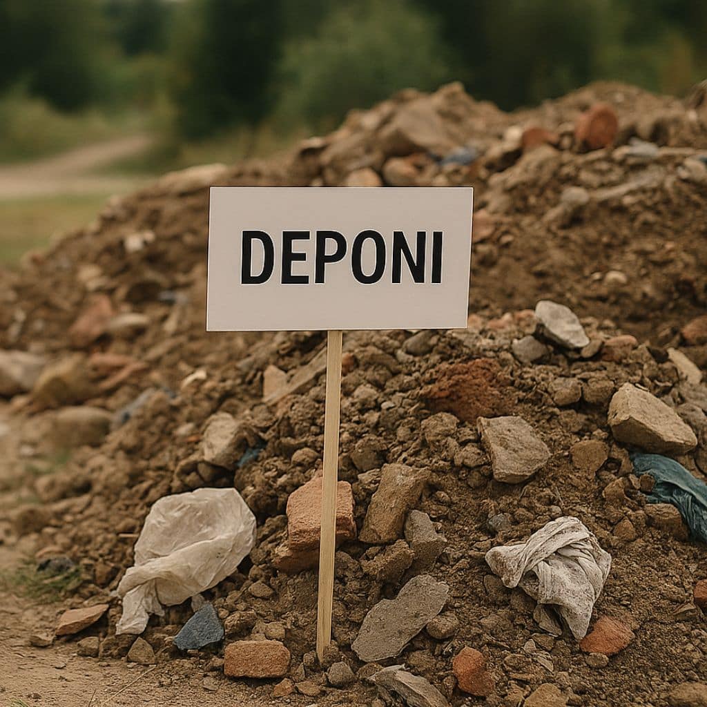 Skylt med texten "Deponi" placerad i jord – symbol för slutstation för avfall