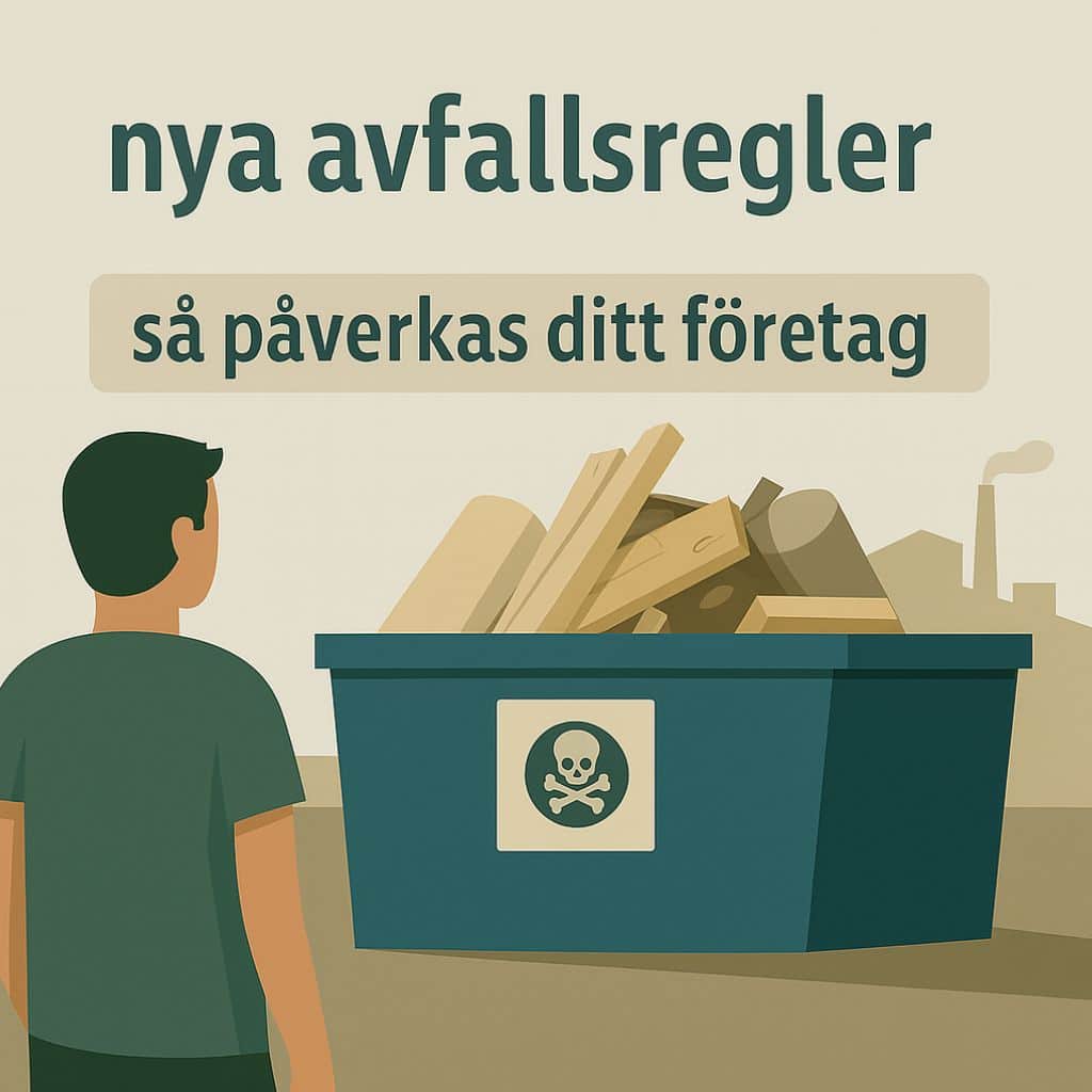 Illustration av en person som hanterar farligt avfall vid en återvinningsstation – symboliserar nya regler för företag i Sverige.