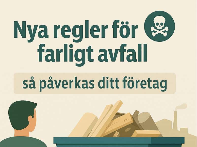 Illustration av en återvinningsstation och person som informeras om nya regler för farligt avfall i Sverige.
