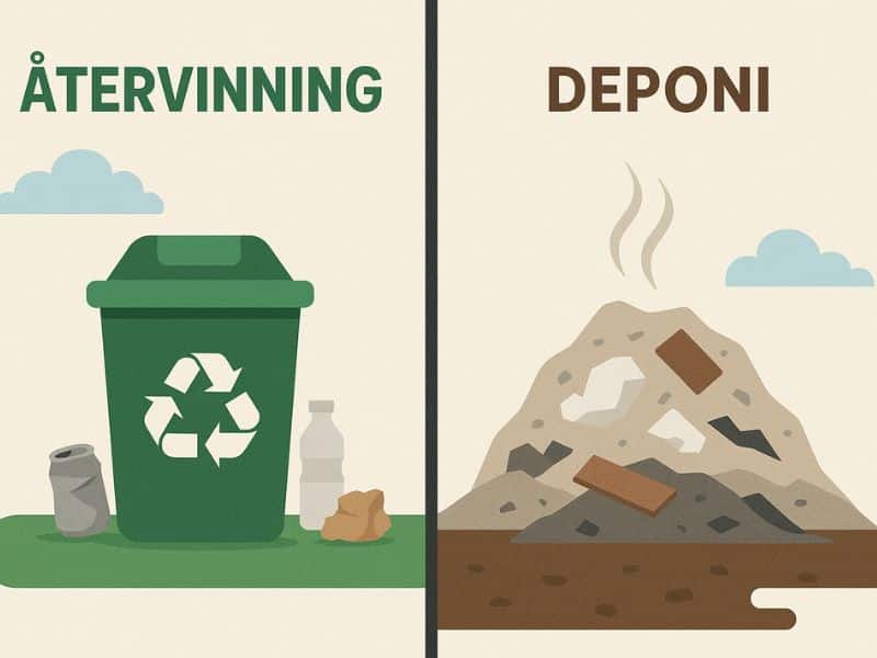 Jämför återvinning och deponi med symboler för avfall och miljöpåverkan