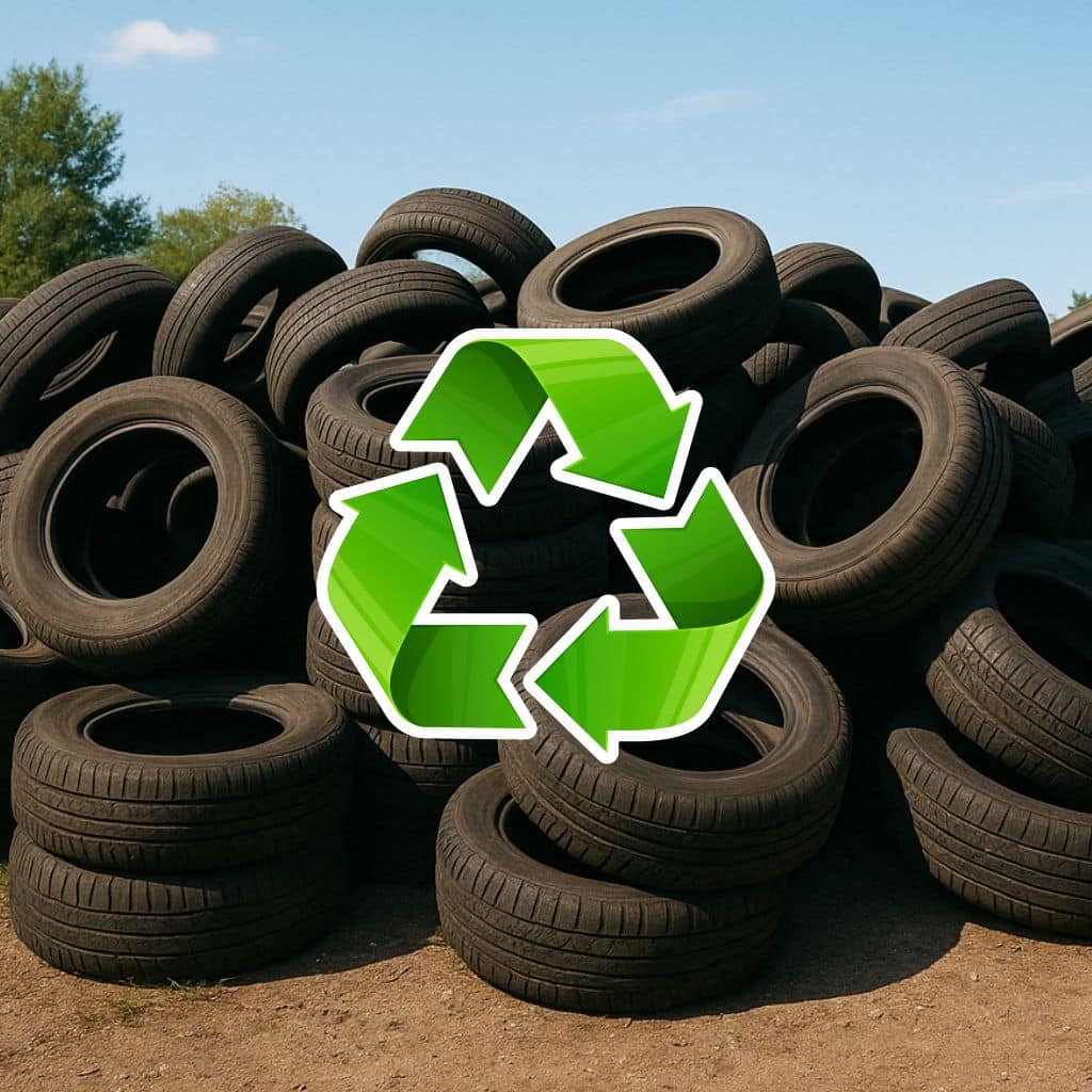 Stor hög med gamla bildäck utomhus – exempel på miljövänlig återvinning hos Active Recycling