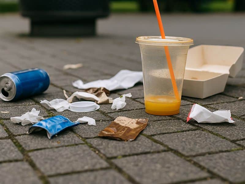 Plastförpackningar, muggar och skräp på en trottoar i Sverige – ett exempel på nedskräpning i offentlig miljö.