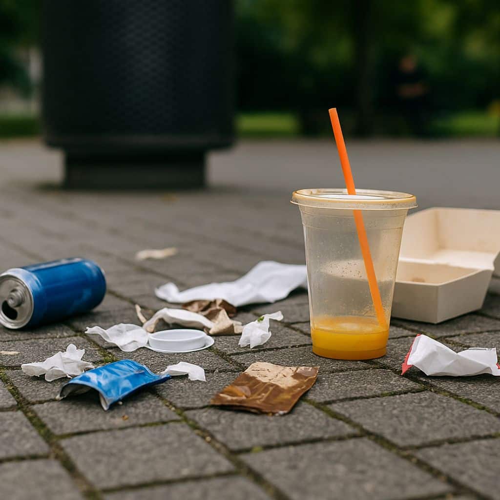 Plastmugg, papper och förpackningar slängda på en trottoar i Sverige – exempel på nedskräpning i stadsmiljö.