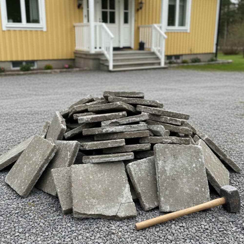 Gamla betongplattor upplagda på gårdsplan inför bortforsling och återvinning