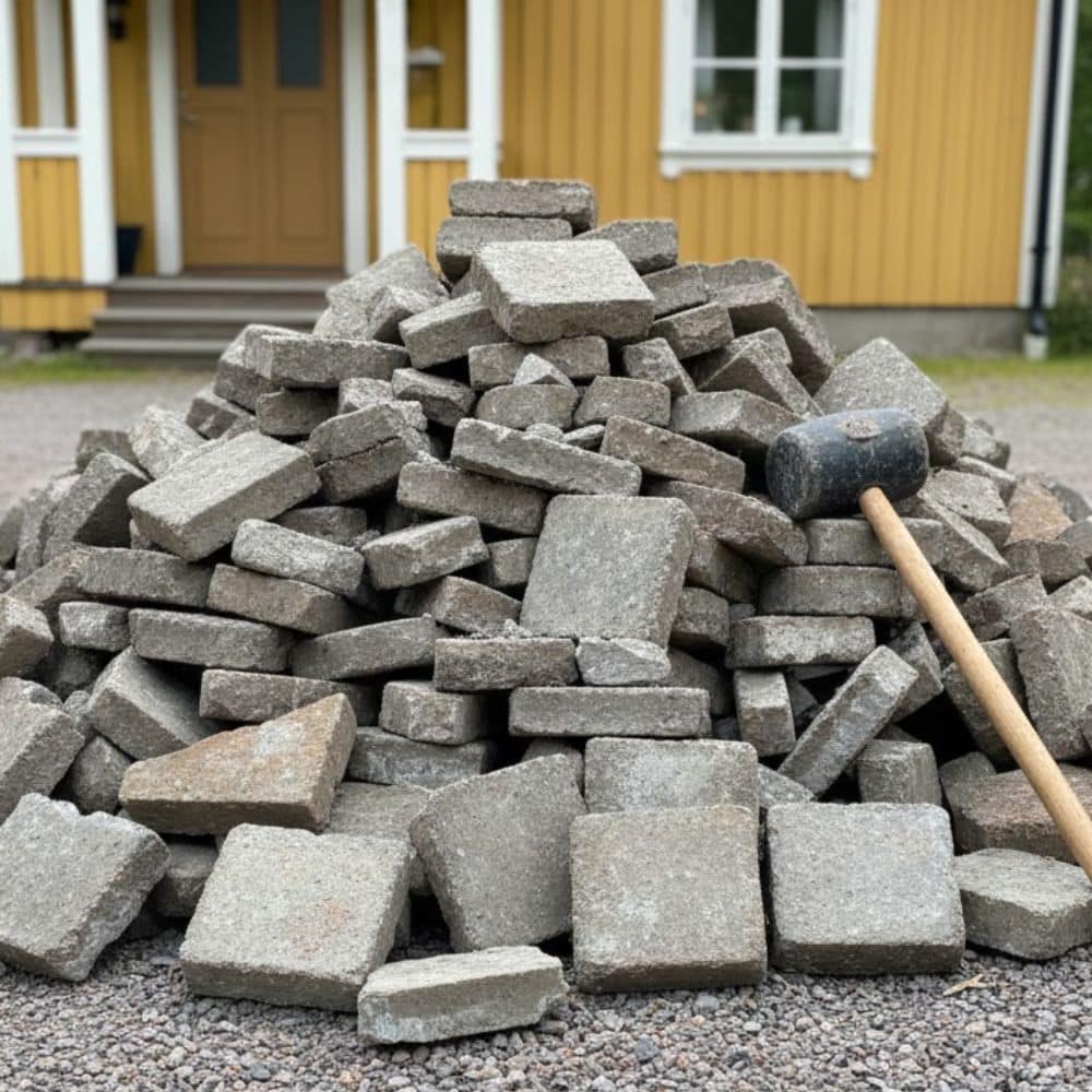 Hög av gammal marksten upplagd för bortforsling och containerhantering hos Active Recycling