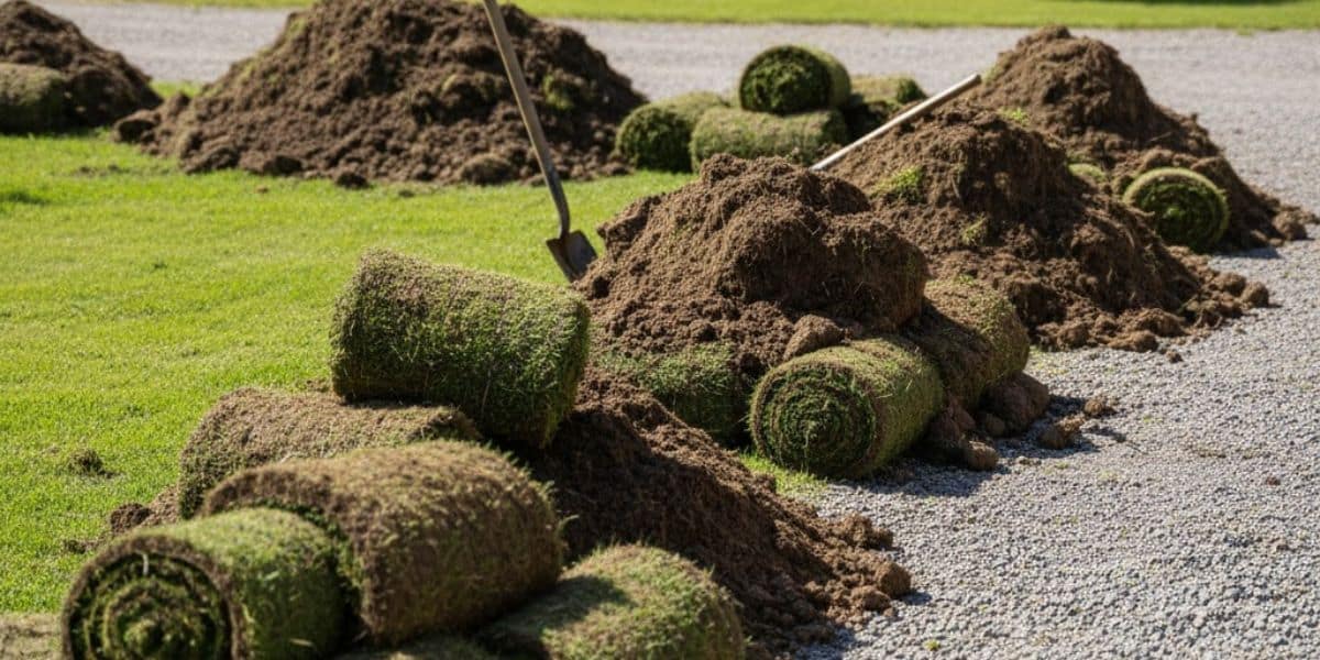 Uppgrävd gräsmatta och jord upplagd i högar inför bortforsling