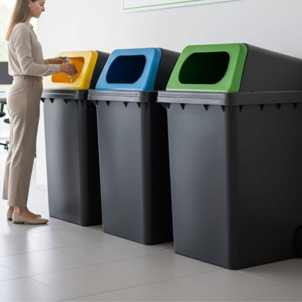 Källsortering av plast i färgkodade kärl på arbetsplats –Återvinning av plast 2025