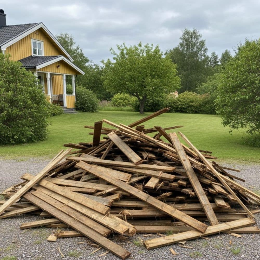 Slänga altan, Rivet altangolv och gamla plankor i en hög redo för bortforsling vid altanrenovering.