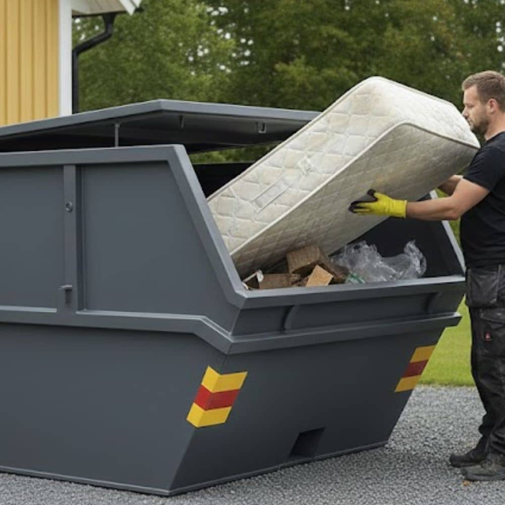 Person som slänger madrass på återvinningscentral – korrekt avfallshantering med Active Recycling