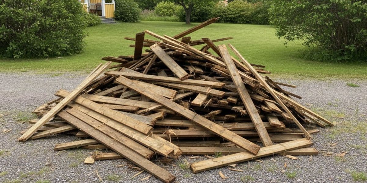 Rivet altangolv och gamla plankor i en hög redo för bortforsling vid altanrenovering.