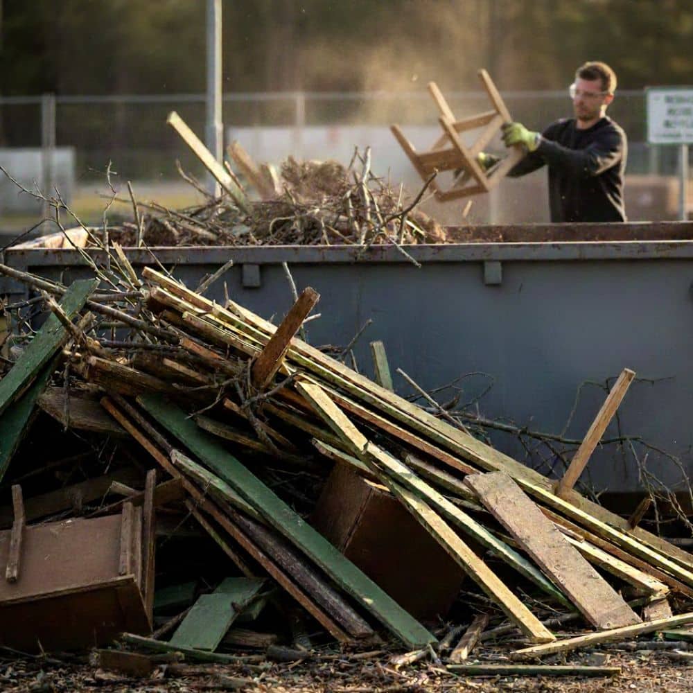 Container fylld med träavfall från renovering och altanrivning, sorterat för återvinning hos Active Recycling.