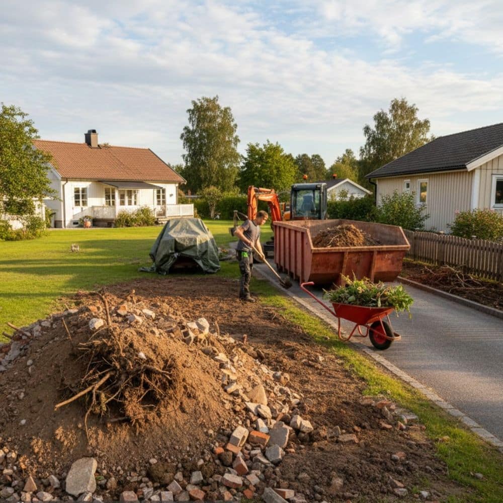 Jord och schaktmassor upplagda i trädgård med container och grävmaskin vid bortforsling