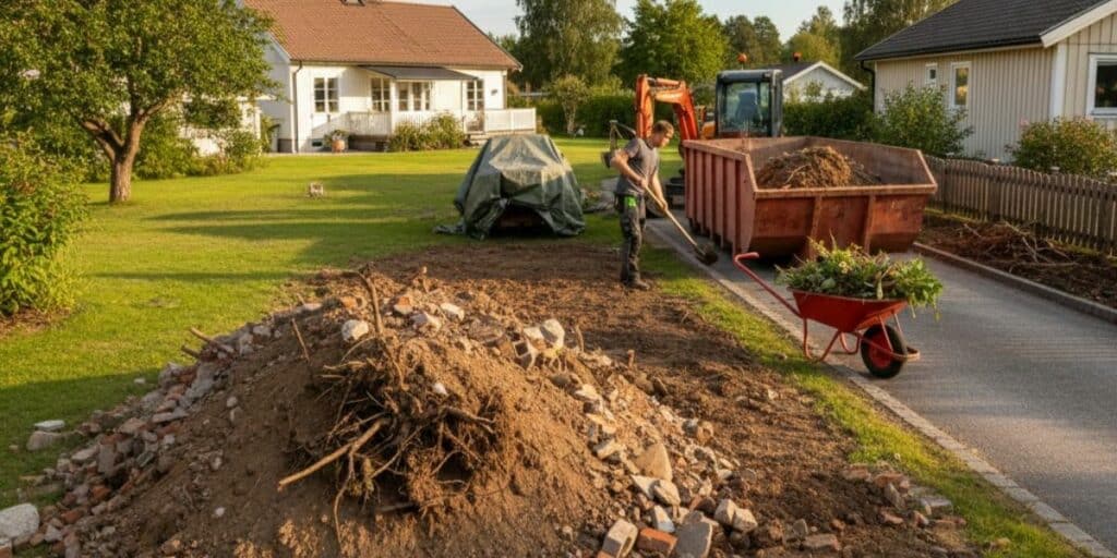 Jord och schaktmassor från trädgårdsarbete som lastas i container för bortforsling