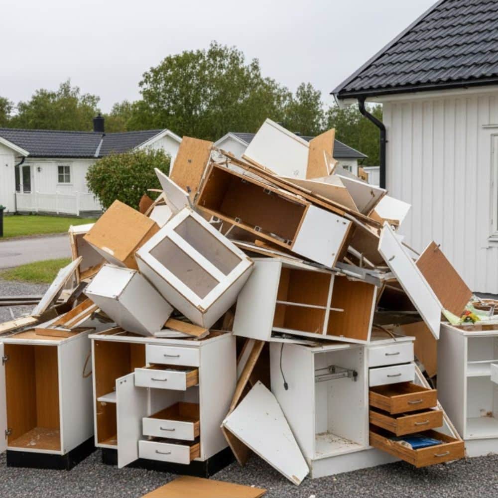 Riven köksinredning upplagd i hög på uppfart inför bortforsling och container vid köksrenovering