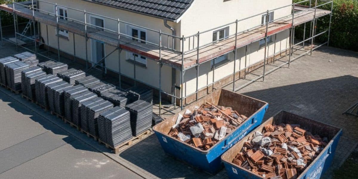 Container med takpannor som ska återvinnas efter takrenovering – tungt byggavfall.