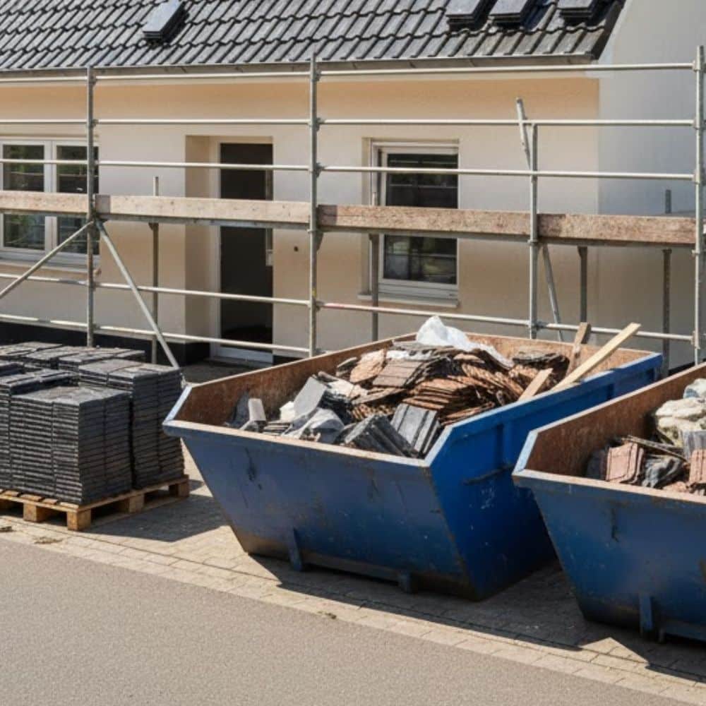 Container fylld med gamla takpannor som ska återvinnas efter takbyte.