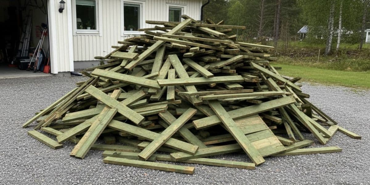 Tryckimpregnerat trä upplagt för bortforsling och korrekt avfallshantering