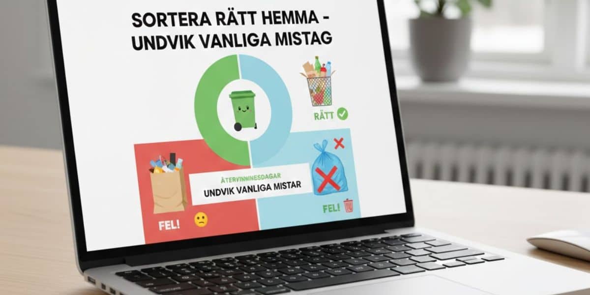 Laptop som visar guide om att sortera rätt hemma och undvika vanliga misstag i källsorteringen.