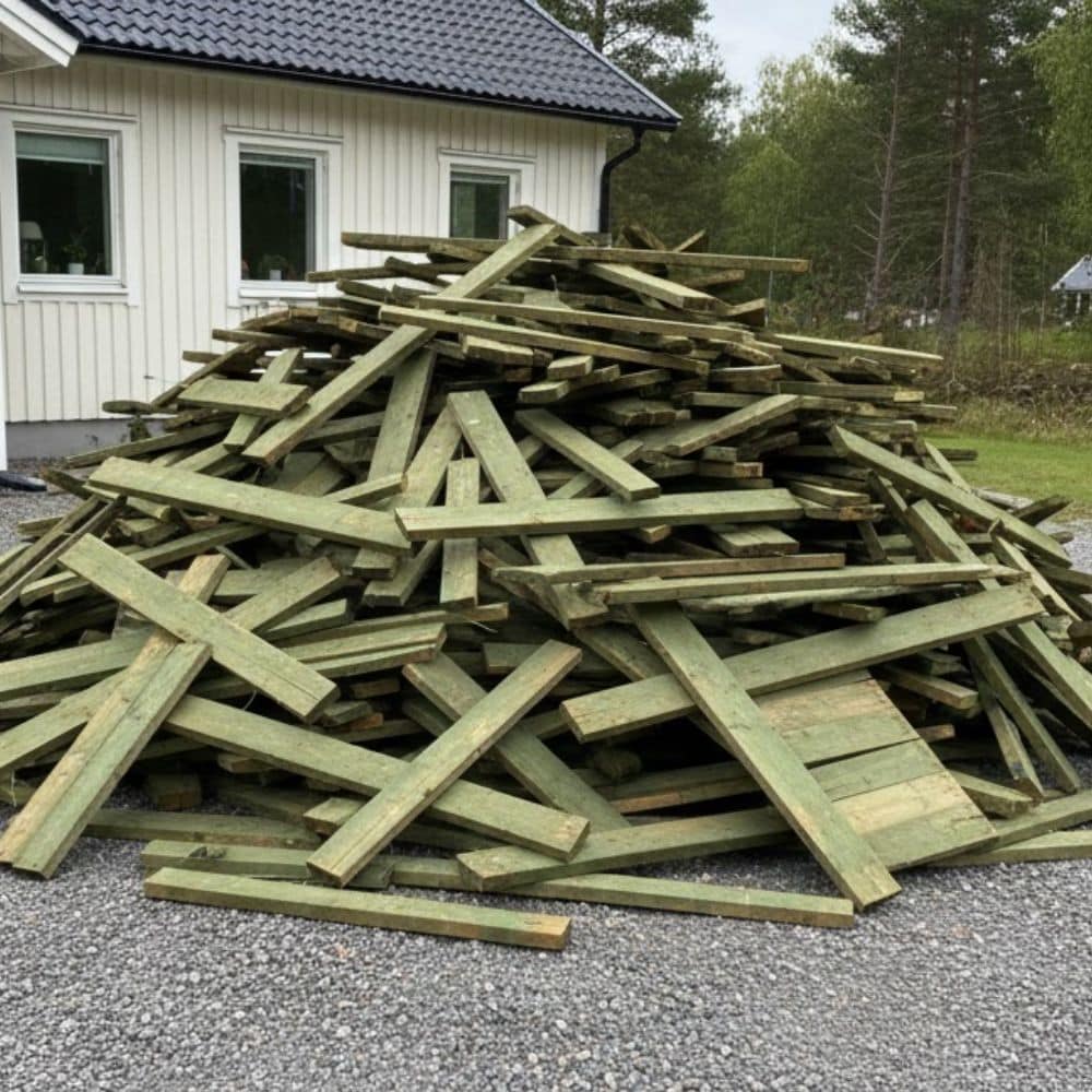 Sorterat tryckimpregnerat trä staplat inför bortforsling och miljövänlig avfallshantering