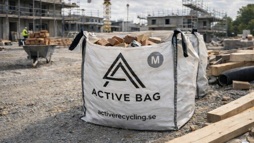 Byggsäck för rivningsmaterial fylld med tegel och trä på byggarbetsplats