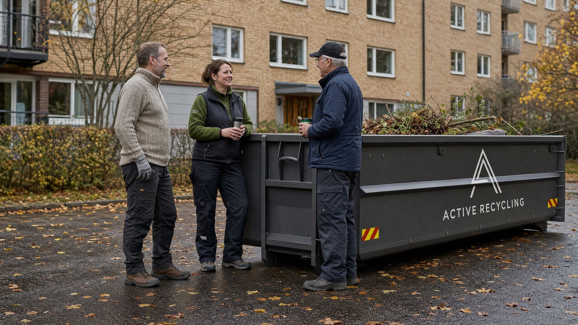 Containrar placerade vid flerbostadshus – avsedda för gemensam avfallshantering för bostadsrättsförening eller samfällighet från Active Recycling.